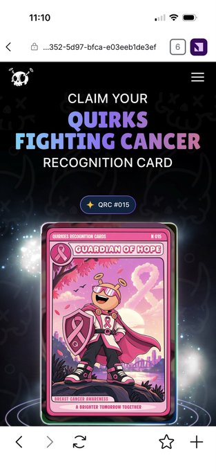 A mobile screenshot displaying a "Claim Your Quirks Fighting Cancer Recognition Card" page for "QRC #015," featuring a pink-themed "Guardian of Hope" card with a breast cancer awareness ribbon and the text "A Brighter Tomorrow Together." The card aligns with the post's tribute to the user's grandmother battling cancer, highlighting the collection's charitable and awareness-driven purpose.