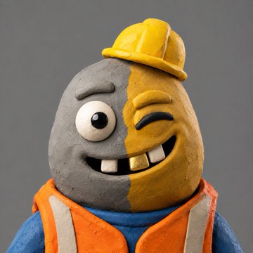 A claymation figure with a gray and yellow face, wearing a yellow hard hat and an orange high-visibility vest over a blue shirt, with a wide grin showing two prominent teeth.