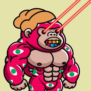 A cartoon illustration of a pink muscular gorilla with a blonde pompadour hairstyle, wearing grillz, with green eyes scattered across its body and red laser beams shooting from its eyes.