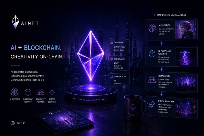 A promotional graphic for 'AINFT' featuring 'AI + BLOCKCHAIN. CREATIVITY ON-CHAIN.' with a glowing purple Ethereum diamond symbol and sections explaining AI Creation, Blockchain Identity, Community, and Digital Economy, along with ownership details (#927) and ownership ranking #308.