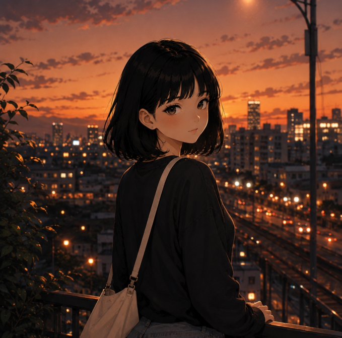 An anime-style illustration depicts a young woman with short black hair wearing a black top and carrying a beige shoulder bag, looking back over her shoulder at a sunset cityscape with glowing windows.