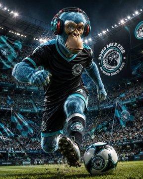 The image features a blue monkey wearing soccer cleats, running across a field with a soccer ball nearby. The background of the photo shows an empty stadium filled with spectators. The caption for the image reads "$TIME @BoredApeXClub $Egld @MultiversX @xPortalApp World Cup glory supporters club #Discord @BoredApeXClub". This suggests that the monkey is participating in a soccer match, possibly representing the bored ape club or another team. The presence of the crowd and the empty stadium indicates that this event has not yet started or is still ongoing.