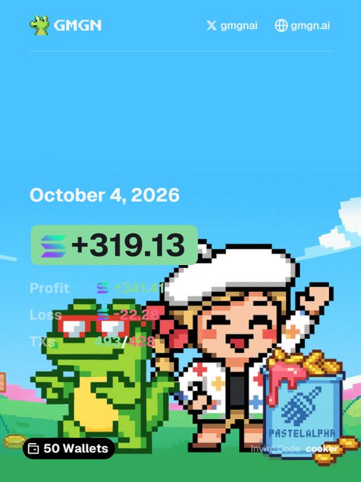 The image is a GMGN trading summary dated October 4, 2026, showing a profit of +319.13 SOL and a 50-wallet count, with a pixel-art illustration of a chef next to a green frog and a "PASTELALPHA" can. It visually celebrates the post's mention of "$BATON carrying +319 SOL @PastelAlpha" by highlighting the 319 SOL gain attributed to that token.