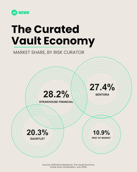 The image, titled "The Curated Vault Economy," displays market share percentages by risk curator in DeFi lending: Steakhouse Financial leads at 28.2%, followed by Sentora at 27.4%, Gauntlet at 20.3%, and the Rest of Market at 10.9%, illustrating the concentration of curated vault dominance that aligns with the post's point about depositors increasingly favoring transparency and risk curation over pooled lending models.