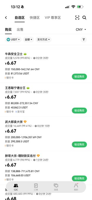 A Chinese cryptocurrency trading app displaying USDT purchase offers at ¥6.67, with traders like '牛逼安全卫士' and '武大郎卖大饼' showing high transaction volumes.
