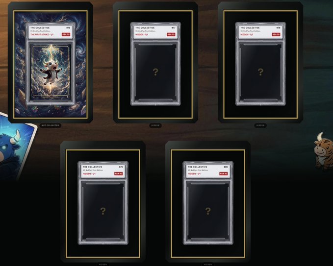 A digital card collection interface showing multiple identical 'THE COLLECTIVE' cards from 'Art Collector by Space' hidden behind '?' placeholders, with one revealed card featuring an art piece titled 'The First Strike'.