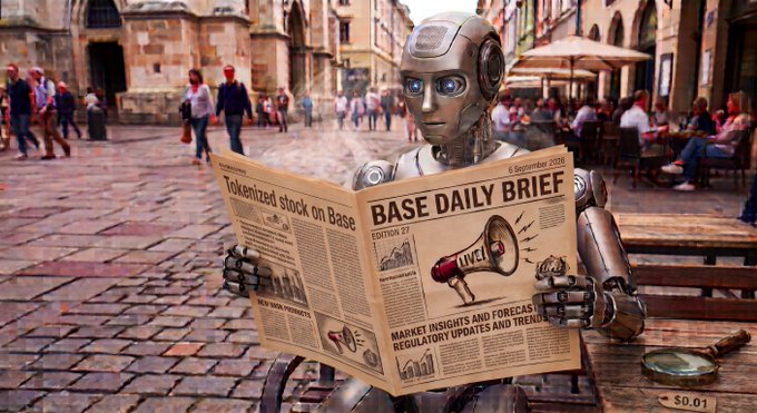 An AI-generated scene shows a humanoid robot sitting at a wooden bench in a European cobblestone square, reading a newspaper titled 'BASE DAILY BRIEF' dated 6 September 2026 with headlines 'Tokenized stock on Base' and 'Market insights and forecasts.'