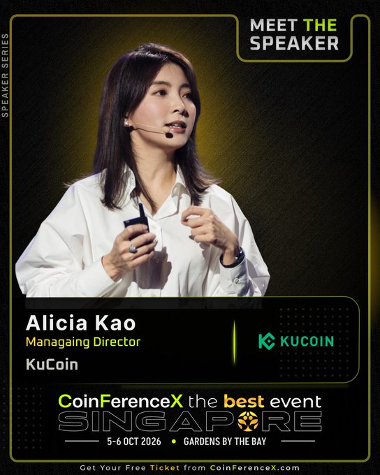 Alicia Kao, Managing Director at KuCoin, is featured as a speaker for CoinFerenceX Singapore (5-6 October 2026 at Gardens by the Bay), shown mid-speech with a headset microphone in a "Meet The Speaker" promotional graphic.