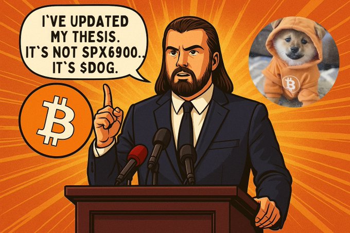 An illustration of a long-haired man at a podium declaring 'I'VE UPDATED MY THESIS.. IT'S NOT SPX6900.. IT'S $DOG.' next to a Bitcoin logo, with an inset photo of a Shiba Inu puppy wearing an orange Bitcoin hoodie.