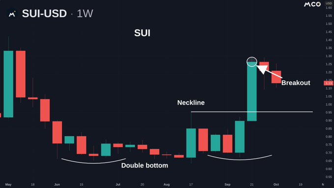 The image is a weekly (1W) candlestick chart of SUI-USD showing a "Double bottom" pattern around 0.65-0.70 in June-July, followed by a strong rally that broke out above a "Neckline" near 1.20, with price currently around 1.13 as it attempts to defend the breakout level.