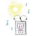 A simple, whimsical cartoon drawing of a yellow sun, blue raindrops, and a quirky, smiling device with antennas on a white background.