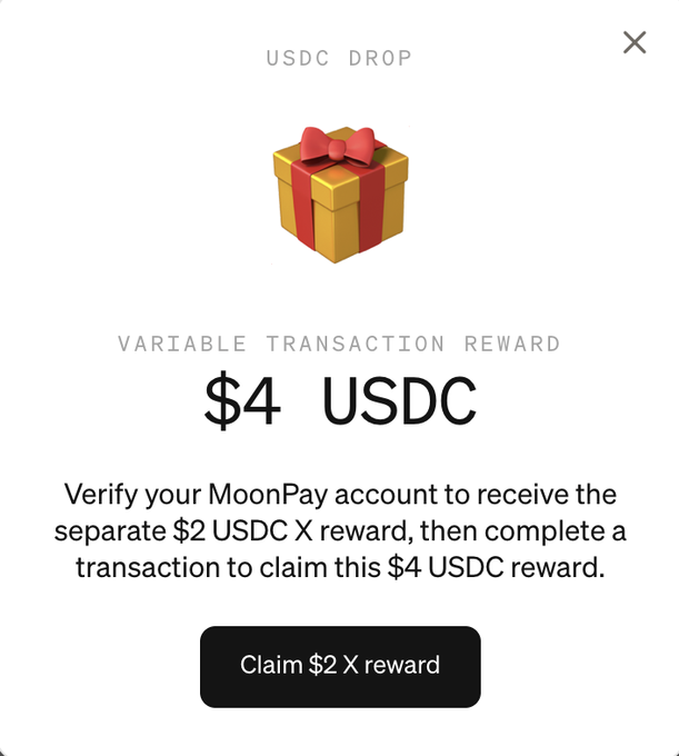 This image shows a $4 USDC reward from MoonPay, which is part of "USDC DROP" and a "VARIABLE TRANSACTION REWARD". The post's declaration of "leaving this industry" suggests the user received this reward before concluding their involvement.