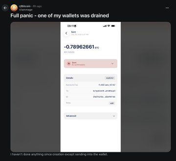 A screenshot of a transaction showing a drained balance of -0.78962661 BTC on a user's wallet, illustrating the real-world impact of the Coldcard vulnerability discussed in the post about the need for more dynamic and trustworthy innovation in crypto ecosystems like Avalanche and Ethereum.
