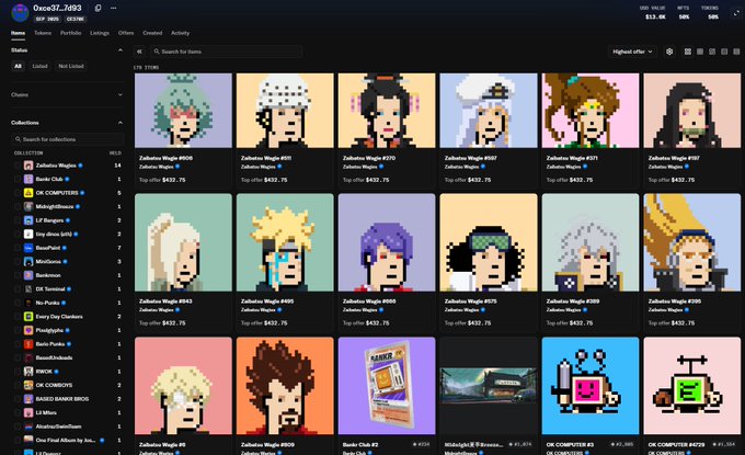 A screenshot of an NFT marketplace interface displaying a collection of pixel-art portraits labeled "Zahatoa Wigz" with various token IDs and top offer prices.
