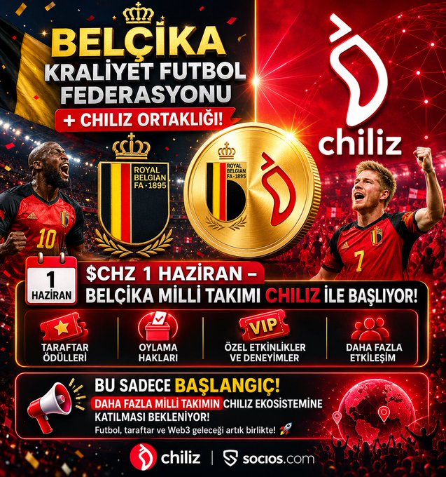 The image features two soccer players from Belgium, one wearing red and the other wearing black, celebrating their team's victory by jumping up into the air with their arms raised. The background of the image shows a banner promoting a collaboration between the Belgian soccer team and Chiliz, which is an online fan rewards platform. The text on the image includes information about the Belgium National Team joining the Chiliz ecosystem, as well as details about the fan tokens they are offering to fans.