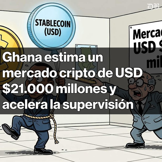 A cartoon illustration with Spanish text overlay reading 'Ghana estima un mercado cripto de USD $21.000 millones y acelera la supervisión' shows a man holding a 'STABLECOIN (USD)' balloon being chased by another man reaching for money, with a map of Ghana visible in the background.