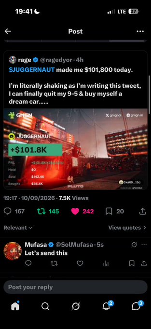 A Twitter/X post from user 'rage' (@ragedyor) celebrates making $101,800 from $JUGGERNAUT, quoting a Pump.fun screenshot showing the token's price spike.