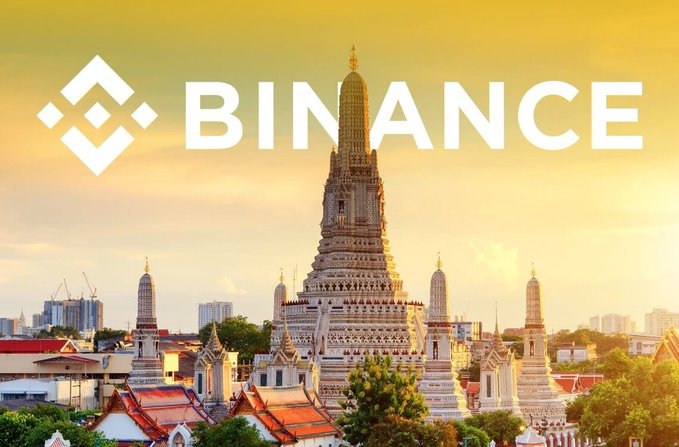 The Binance cryptocurrency exchange logo overlaid on an image of Wat Arun temple in Bangkok, Thailand.