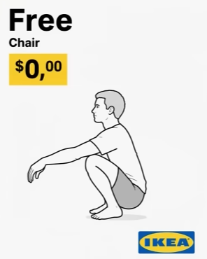 The image is an IKEA-style ad showing a "Free Chair" priced at "$0,00," with an illustration of a man squatting on the ground without a chair, poking fun at the Bitcoin price falling to zero. The accompanying post uses it as a meme implying Bitcoin's value could crash entirely.