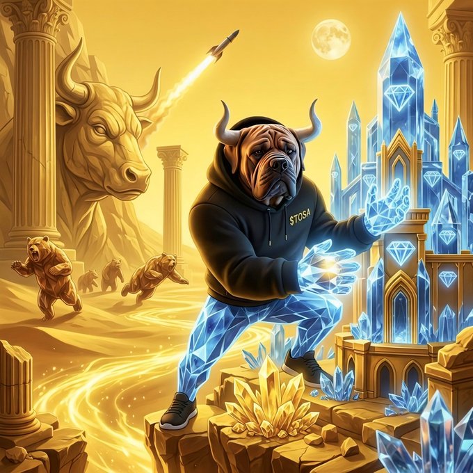 A fantasy digital illustration depicts a bulldog wearing a black 'STOSA' hoodie and crystalline blue legs, wielding glowing blue crystal energy, set against a desert landscape with a bull sculpture and a missile streaking toward the sky.
