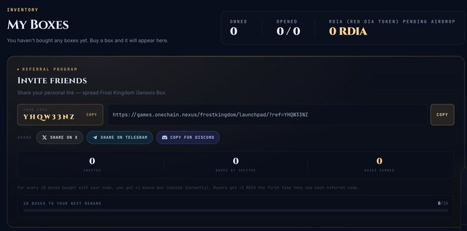 A dark-themed inventory page for 'My Boxes' on the Frost Kingdom game, displaying zero boxes opened and a referral code 'YHQW33NZ' to share for bonus box rewards.