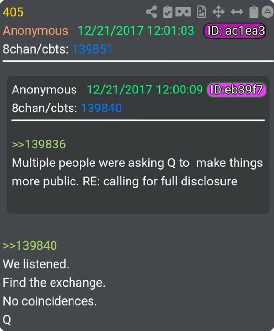 A screenshot of a thread on 8chan's /cbts/ board dated 12/21/2017, where an anonymous poster (ID: eb39f7) replies to post 139836 stating "We listened. Find the exchange. No coincidences. Q" in response to calls for full disclosure about the 139851 post.