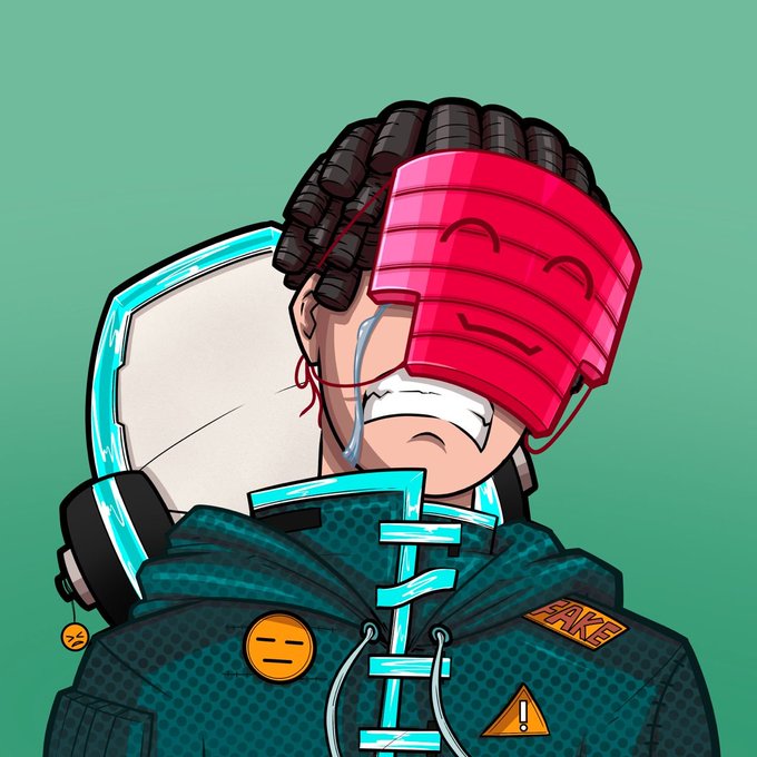 A crying cartoon character wearing a red stacked-face mask and a teal hoodie with a "FAKE" patch and a sad emoji badge, set against a green background.

The image visually complements the post's theme of nostalgia and perseverance, depicting an emotional, masked avatar that mirrors the "JOURNEY" and "RECOGNISING OGs" sentiment, while the "FAKE" patch adds ironic commentary on authenticity within the Web3/crypto community.