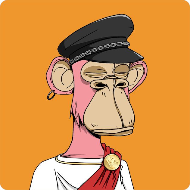 A cartoon illustration of a pink monkey with large ears, wearing a black military-style cap with a chain and a white toga draped with a red sash and gold medallion against an orange background.