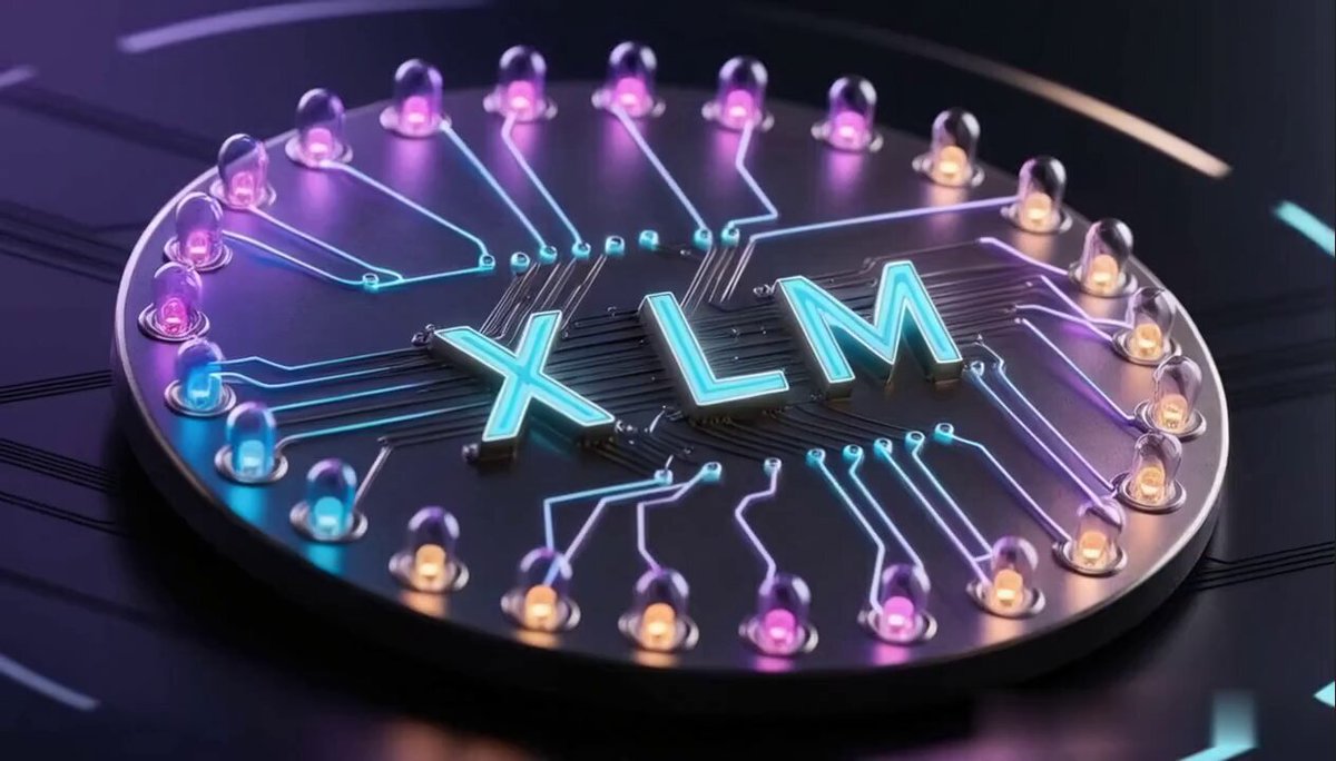 The image features a large circuit board with the word "XLM" written across it in blue neon letters. The circuit board has numerous small lights surrounding it, creating a vibrant and colorful display. In the background of the image, there are some text elements that read "$XLM Breaks Market Correlation as Institutional Rails Move Into Stellar On an otherwise red day for crypto, $XLM did something rare - it decoupled". The combination of the neon lights on the circuit board and the text in the background creates a visually striking scene.