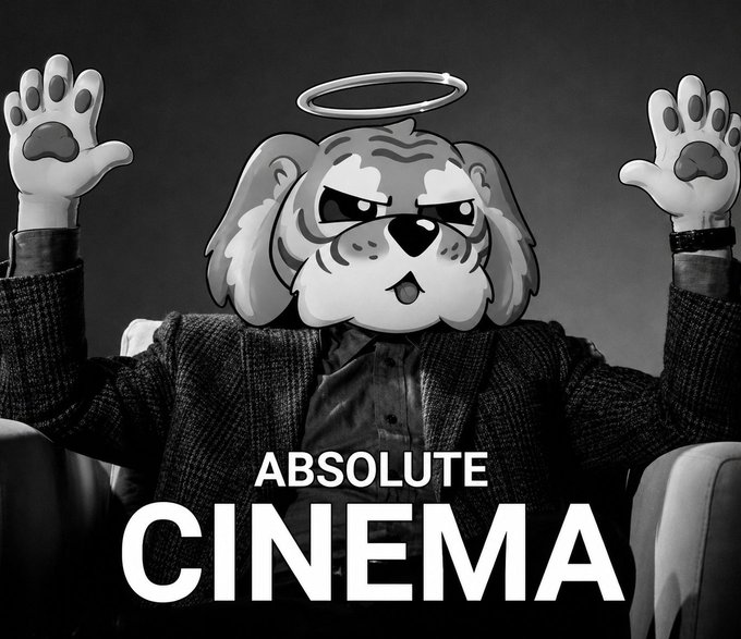 The image features a cartoon dog wearing a suit and holding up its paws as if to say "absolute cinema" with a halo above its head. The text "GM to anyone except CT $ZEC done, $HYPE nuking 16% overnight Bitcoin & Eth in the absolute gutter Genuinely wondering, wtf are you and I still doing here bro".