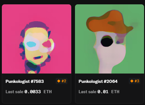 Two CryptoPunk NFTs are displayed side by side against contrasting pink and green backgrounds: Punkologist #7583 (rank #2, last sale 0.0033 ETH) featuring a stylized face with sunglasses, and Punkologist #2064 (rank #3, last sale 0.01 ETH) with a cowboy hat. The image ties directly to the post by letting viewers vote their preference—a retweet for #7583 or a like for #2064—in a playful engagement campaign promoting the "#nfts are back" sentiment.