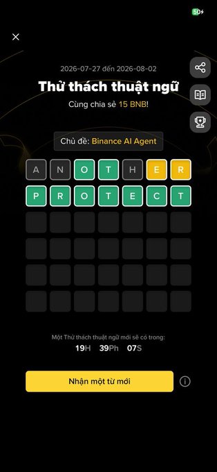 A Binance mobile app screenshot showing a Vietnamese-language word challenge game themed 'Binance AI Agent' with letters ANOTHER PROTECT visible and a countdown timer.