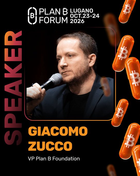 Promotional poster for the Plan ₿ Forum in Lugano (October 23-24, 2026) featuring speaker Giacomo Zucco, VP of Plan B Foundation, shown holding a microphone and surrounded by 3D Bitcoin coin graphics, with bold orange "SPEAKER" text running vertically along the left side—visually reinforcing the post's announcement of his Bitcoin education talk.