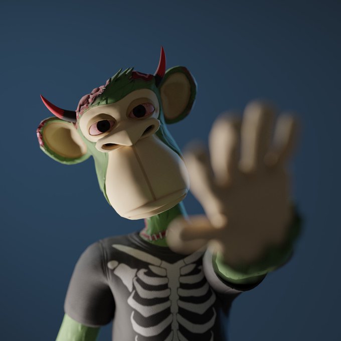 A 3D-rendered character resembling a green monkey wearing a skeleton shirt and red horns, with its hand extended toward the camera in a stopping gesture.
