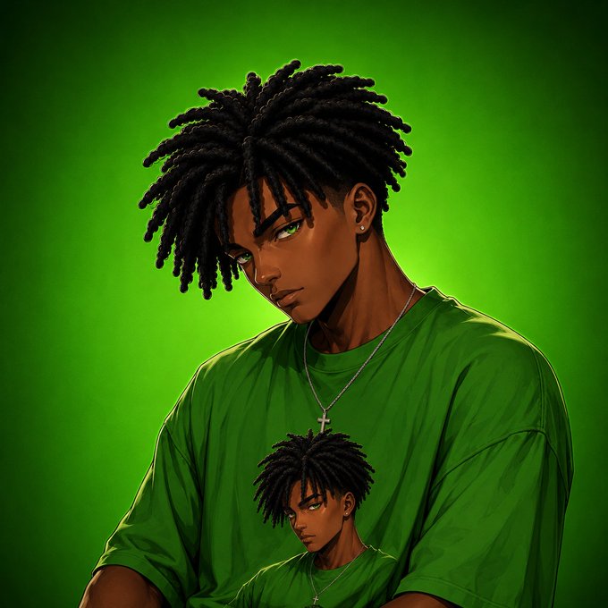 An anime-style illustration of a young man with dreadlocks wearing a green t-shirt featuring his own likeness, set against a green background.