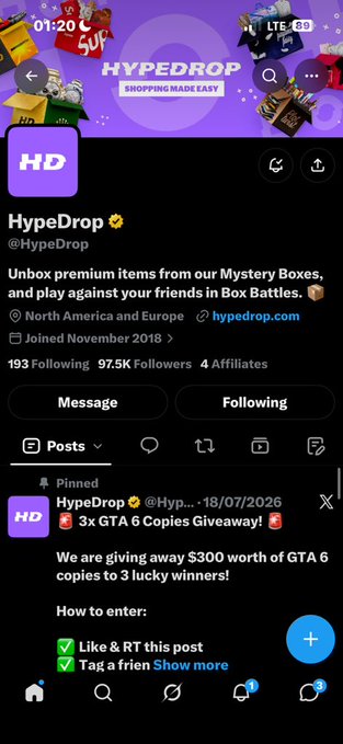 The Twitter/X profile page for @HypeDrop showing 97.5K followers and a pinned giveaway post offering 3 GTA 6 copies.