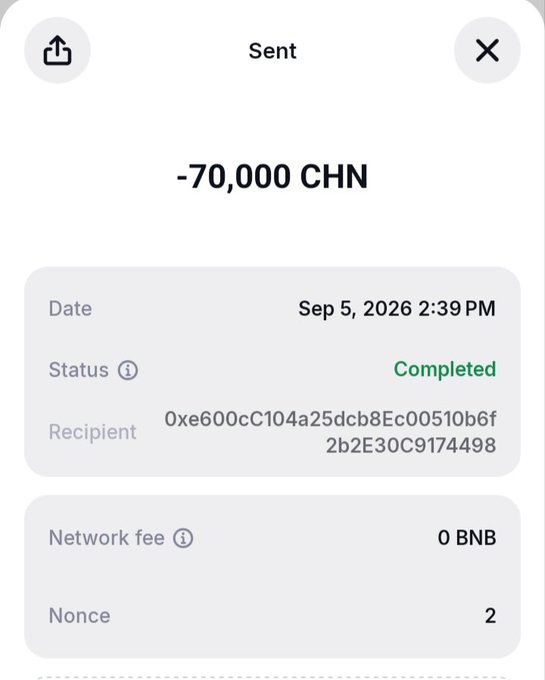Mobile transaction confirmation screen showing a completed sent payment of -70,000 CHN dated Sep 5, 2026 2:39 PM, with a recipient wallet address, 0 BNB network fee, and a nonce of 2.