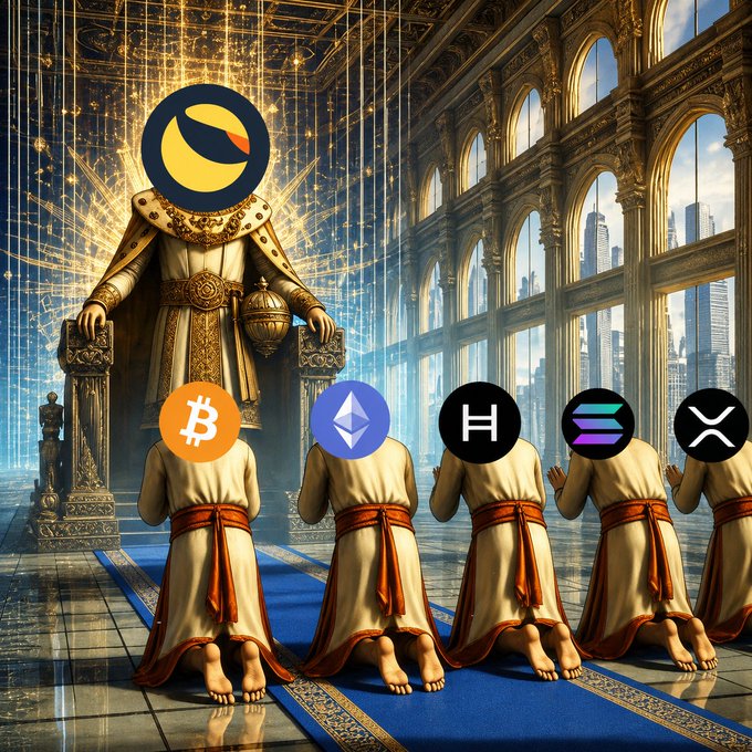 A regal figure crowned with the Terra Luna Classic (LUNC) logo sits enthroned, while kneeling supplicants bear the insignias of Bitcoin, Ethereum, Hedera, Solana, and XRP, depicting $LUNC as the "One Coin to Rule Them All" overseeing all other cryptocurrencies.