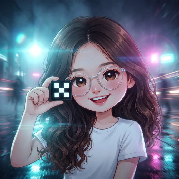 The image features a young girl with brown hair wearing glasses, holding up a square object that has a white X on it. The girl appears to be smiling at the camera while showing off her new item. The background of the image shows a city street scene with lights and buildings, which adds context to the setting for this photo. The post includes text that reads "Rất vui khi thông báo rằng em chính thức trở hýn có cơ hội này".