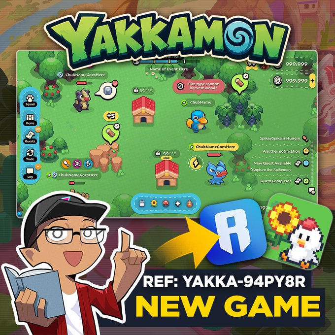 A promotional graphic for a new mobile game called 'YAKKAMON' featuring cartoon characters in a game world with a referral code 'REF: YAKKA-94PY8R NEW GAME' and a cartoon boy character holding a book pointing upward.