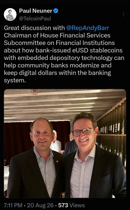 A tweet from Paul Neuner (@TelcoinPaul) discussing bank-issued eUSD stablecoins with @RepAndyBarr, accompanied by a photo of the two men together.