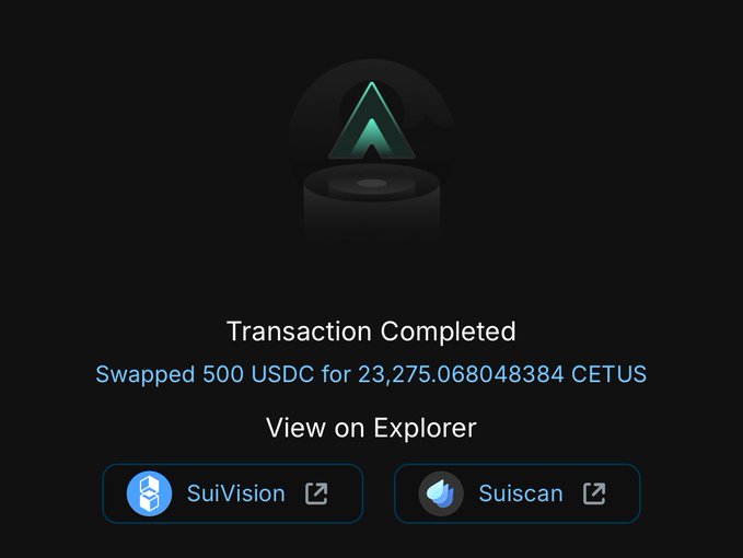 A 'Transaction Completed' confirmation screen showing a swap of 500 USDC for 23,275.068048384 CETUS, with links to SuiVision and Suiscan.