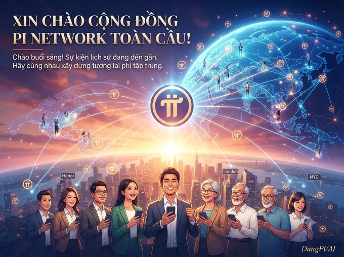 Promotional graphic with Vietnamese text "XIN CHÀO CỘNG ĐỒNG PI NETWORK TOÀN CẦU!" featuring people holding phones with the Pi Network logo overlaid on a globe, with cities labeled Hanoi, London, and NYC, signed "DungPi.AI".