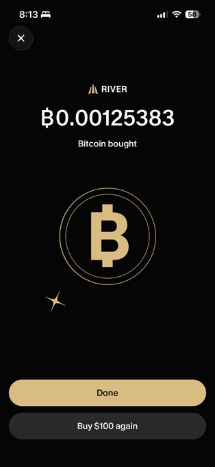 A smartphone screenshot from the 'RIVER' app confirming a Bitcoin purchase of '₿0.00125383' with a large golden Bitcoin logo, and buttons to 'Done' or 'Buy $100 again'.