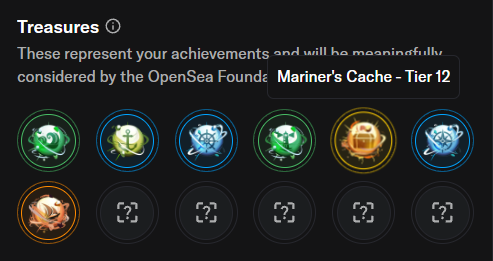 A digital interface titled 'Treasures' displays achievements, highlighting 'Mariner's Cache - Tier 12' along with several colored circular icons and locked items.