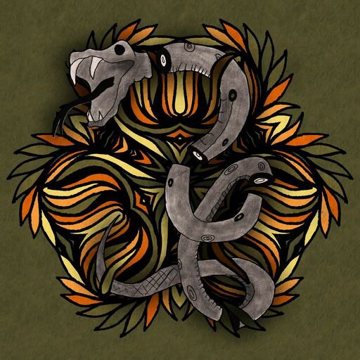 A stylized illustration featuring a snake-like creature intertwined with horseshoe shapes, set against an olive green background with orange and yellow leaf-like patterns.