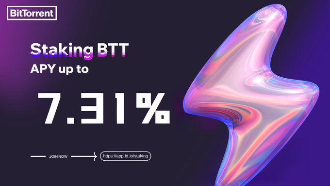 The image features an advertisement for Bitcoinfront that displays an abstract representation of a lightning bolt, with the text "Staking Btt" at the top and "AYV up to 7.31%" below it. The background is black, creating a contrast with the vibrant purple shape on the right side. The main focus of the image is the lightning bolt, which acts as the logo for Bitcoinfront's staking service. The post highlights an opportunity in this specific platform, discussing how Bitcoinfront staking has gained attention and attracted many participants to the BTTC ecosystem due to its high yield opportunities within a decentralized environment.