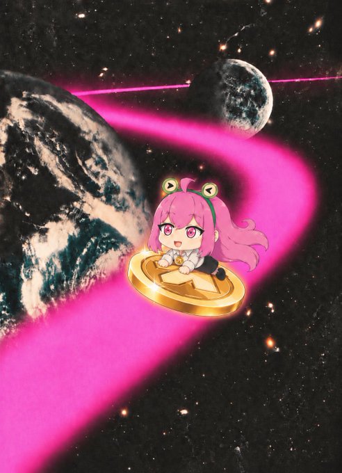 A chibi anime character with pink hair and frog eyes rides a golden coin along a glowing pink energy trail through a starry cosmic landscape with two planets, visually representing the launch of the new AnimeChain bridge as the character travels toward a new destination.