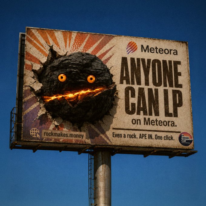 A billboard advertises Meteora's "ANYONE CAN LP on Meteora" campaign, featuring a rock with glowing orange eyes bursting through the board with the tagline "Even a rock. APE IN. One click." and the website "rockmakes.money," visually tying into the post's message that anyone—including a literal rock—can become a liquidity provider, with $5,000 in prizes available for newcomers.