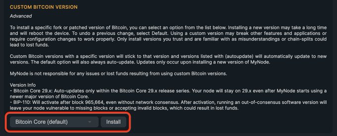 The image shows the "Custom Bitcoin Version" advanced settings menu in MyNode, displaying a dropdown menu with "Bitcoin Core (default)" selected and an "Install" button highlighted in red. The accompanying post explains that if a node appears stalled, users should check this Bitcoin version setting, as the Bitcoin Core and BIP-110 chains have split, with Core currently 15 blocks ahead.